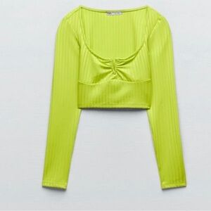 ZARA Lime Green Long Sleeve Ribbed Cropped Top Size Small NWT